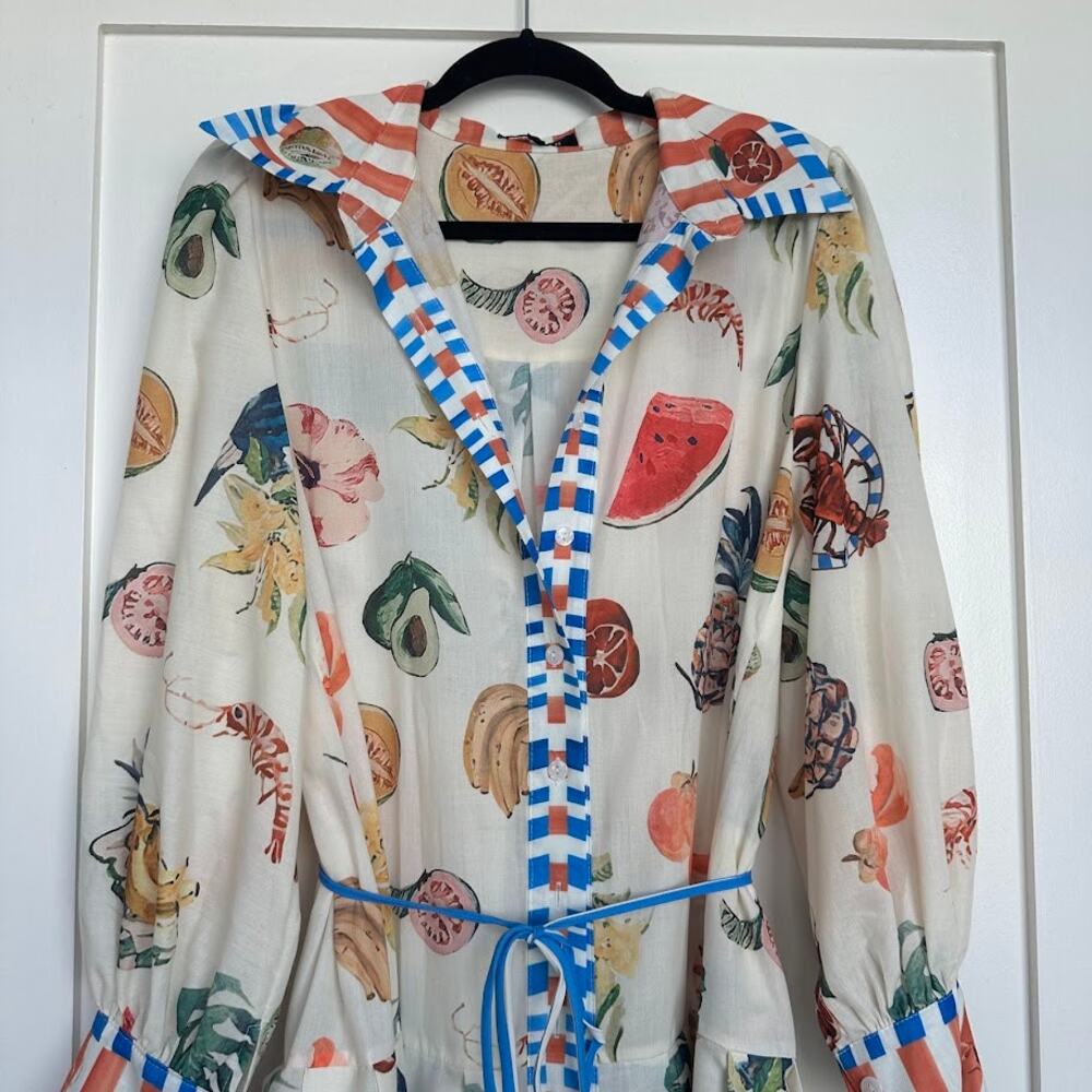 Buelah Fruit Print Midi Dress Button Front Tie Waist Size L - Picture 7 of 16